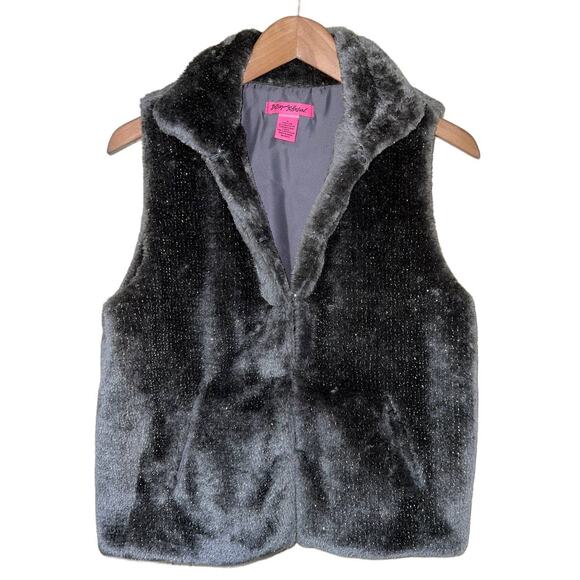 Betsey Johnson Vest Womens Medium Metallic Silver Sparkle Faux Fur Gray Plush - Picture 1 of 8